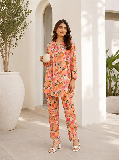 Orange Floral Rayon Blend Mandarin Collar Stylish Co-Ord Set