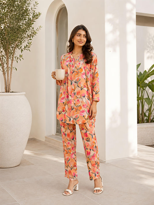 Orange Floral Rayon Blend Mandarin Collar Stylish Co-Ord Set