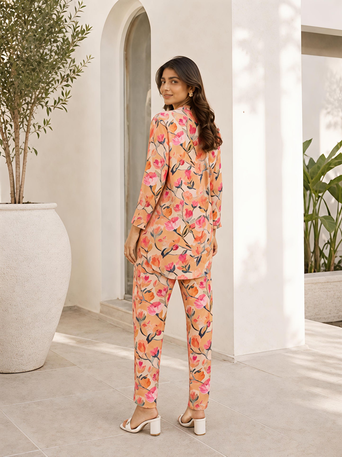 Orange Floral Rayon Blend Mandarin Collar Stylish Co-Ord Set