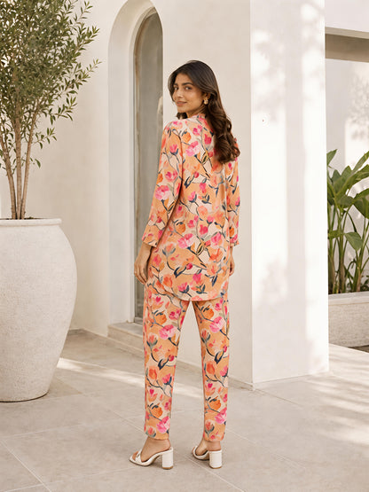 Orange Floral Rayon Blend Mandarin Collar Stylish Co-Ord Set
