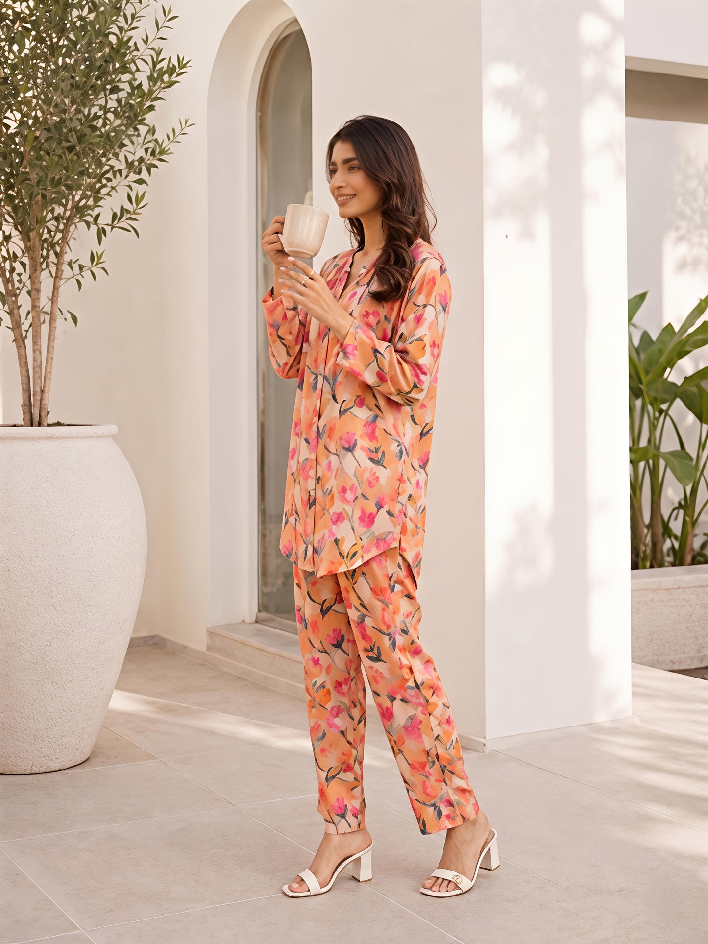 Orange Floral Rayon Blend Mandarin Collar Stylish Co-Ord Set