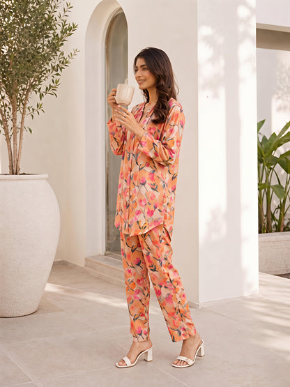 Orange Floral Rayon Blend Mandarin Collar Stylish Co-Ord Set
