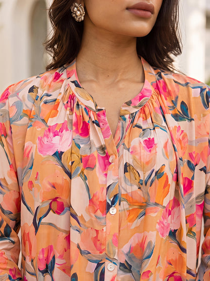 Orange Floral Rayon Blend Mandarin Collar Stylish Co-Ord Set