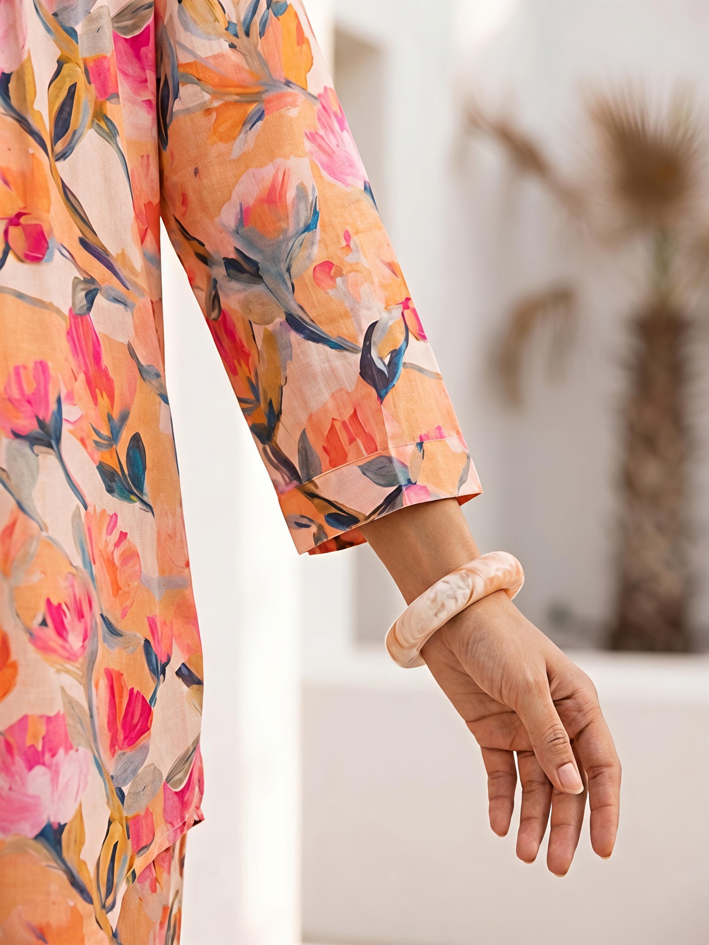 Orange Floral Rayon Blend Mandarin Collar Stylish Co-Ord Set