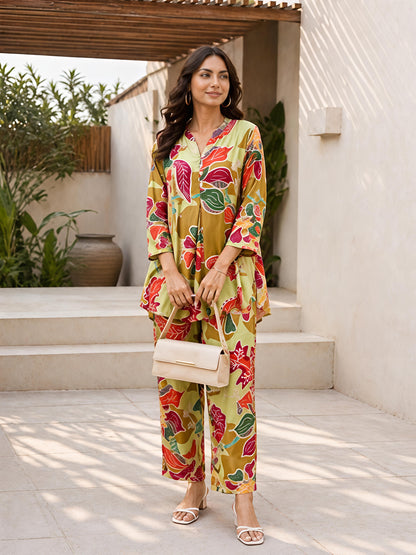 Green Floral Rayon Blend Mandarin Collar Stylish Co-Ord Set