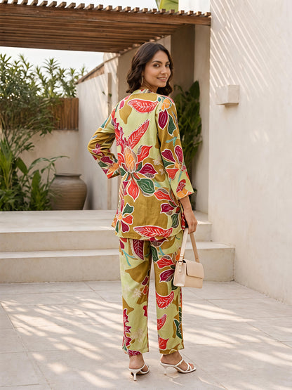 Green Floral Rayon Blend Mandarin Collar Stylish Co-Ord Set