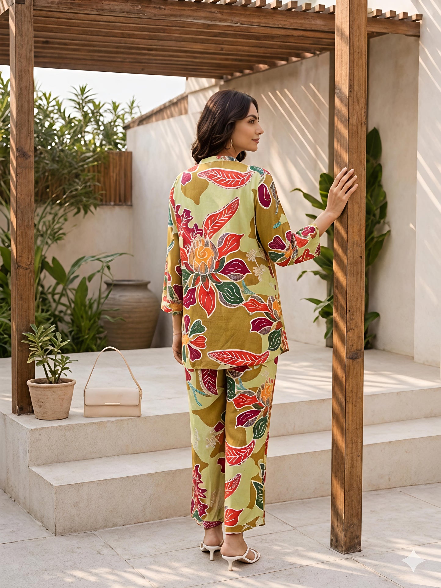 Green Floral Rayon Blend Mandarin Collar Stylish Co-Ord Set
