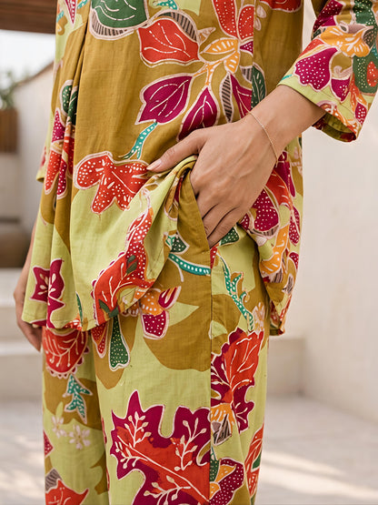 Green Floral Rayon Blend Mandarin Collar Stylish Co-Ord Set