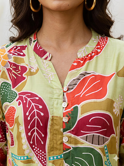 Green Floral Rayon Blend Mandarin Collar Stylish Co-Ord Set