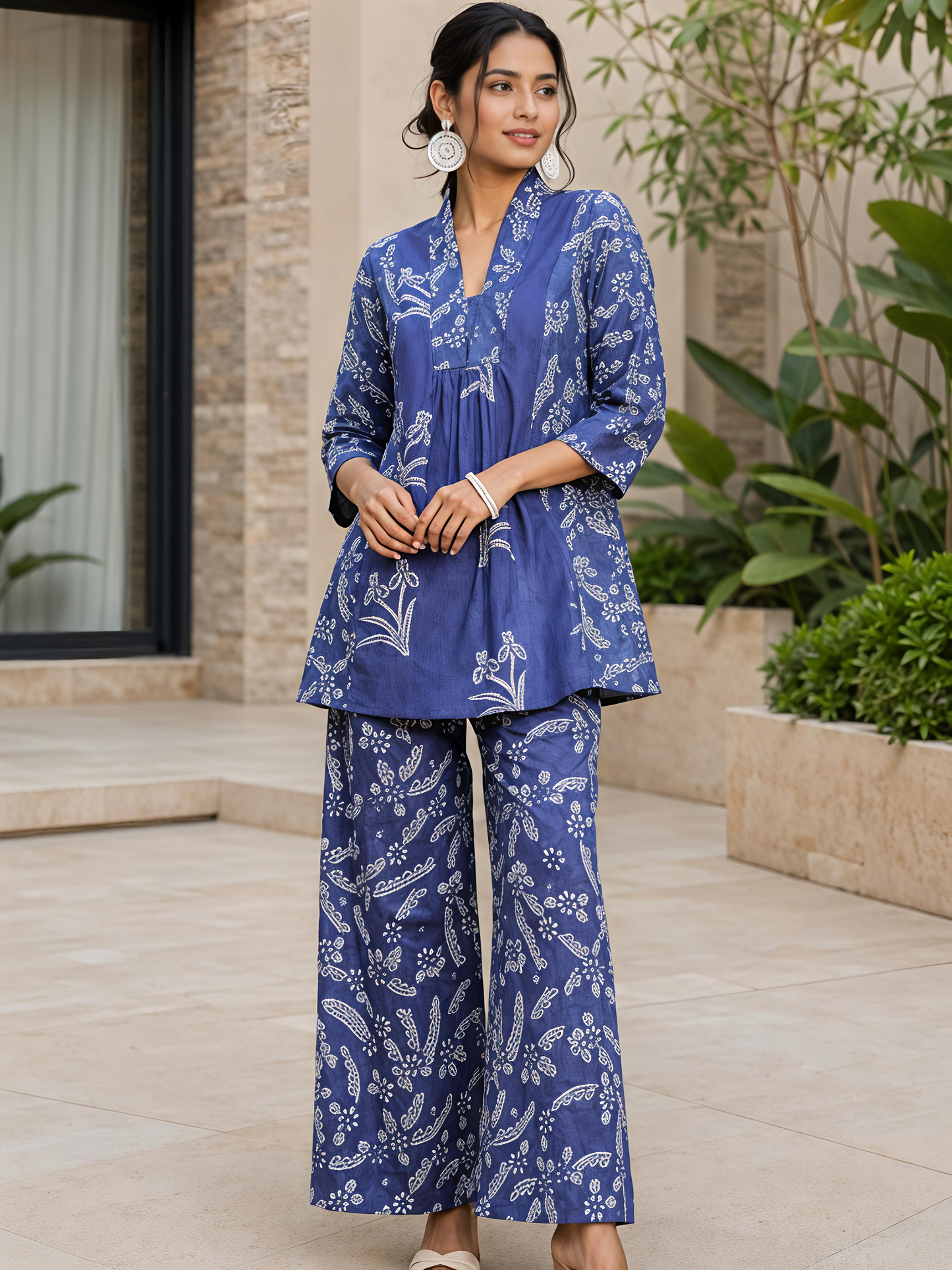 Blue Floral Rayon Blend V-Neck Casual Stylish Co-Ord Set