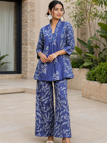 Blue Floral Rayon Blend V-Neck Casual Stylish Co-Ord Set