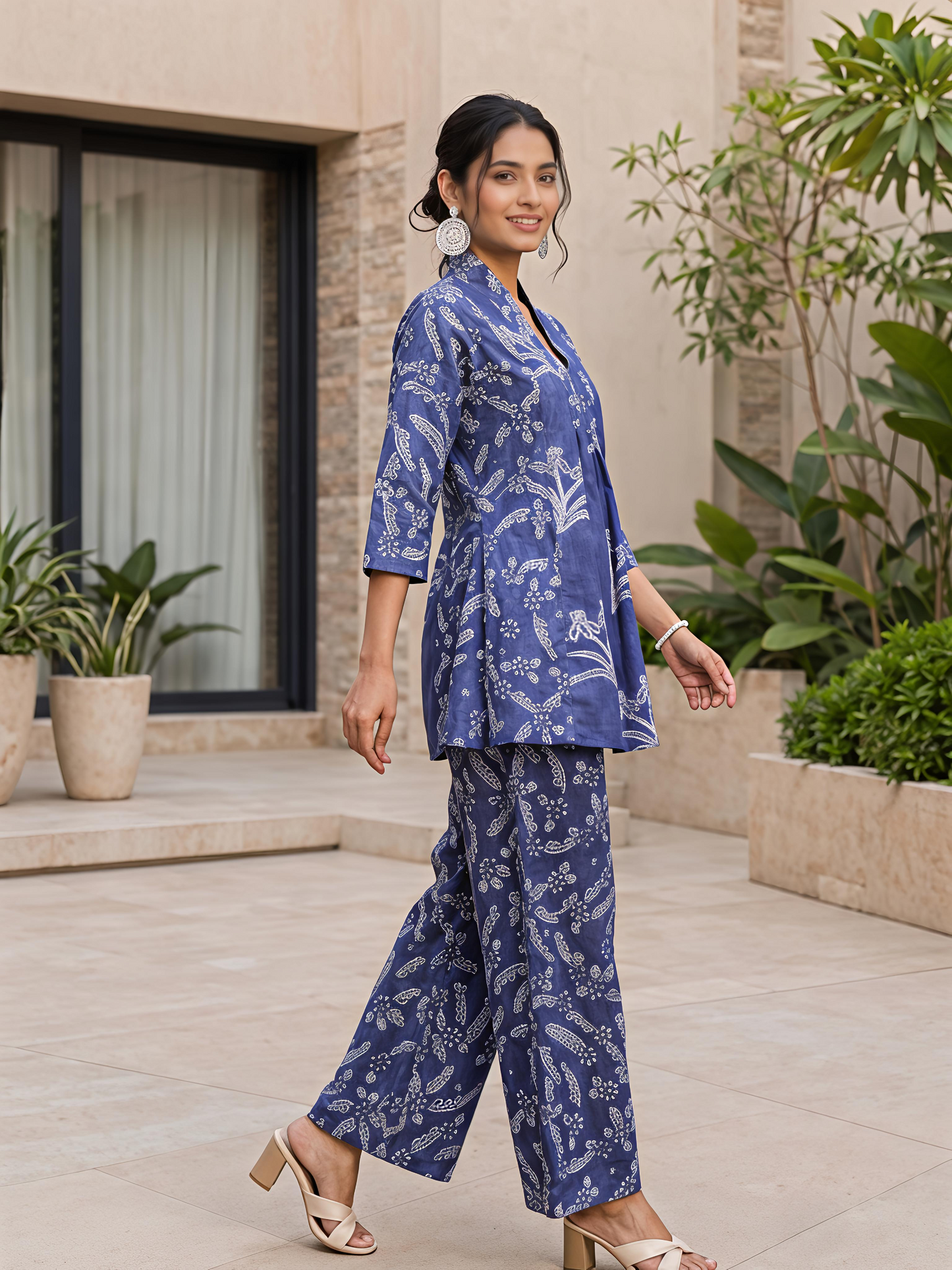 Blue Floral Rayon Blend V-Neck Casual Stylish Co-Ord Set