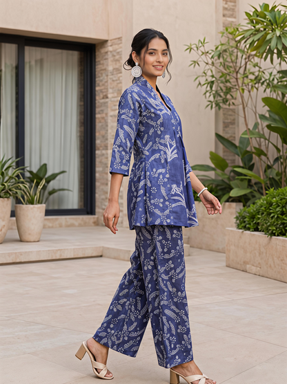 Blue Floral Rayon Blend V-Neck Casual Stylish Co-Ord Set