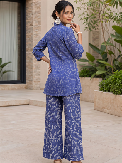 Blue Floral Rayon Blend V-Neck Casual Stylish Co-Ord Set