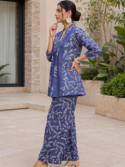 Blue Floral Rayon Blend V-Neck Casual Stylish Co-Ord Set
