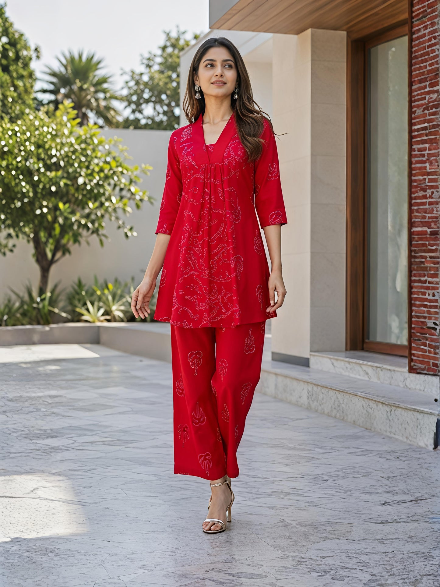 Red Floral Rayon Blend V-Neck Casual Stylish Co-Ord Set