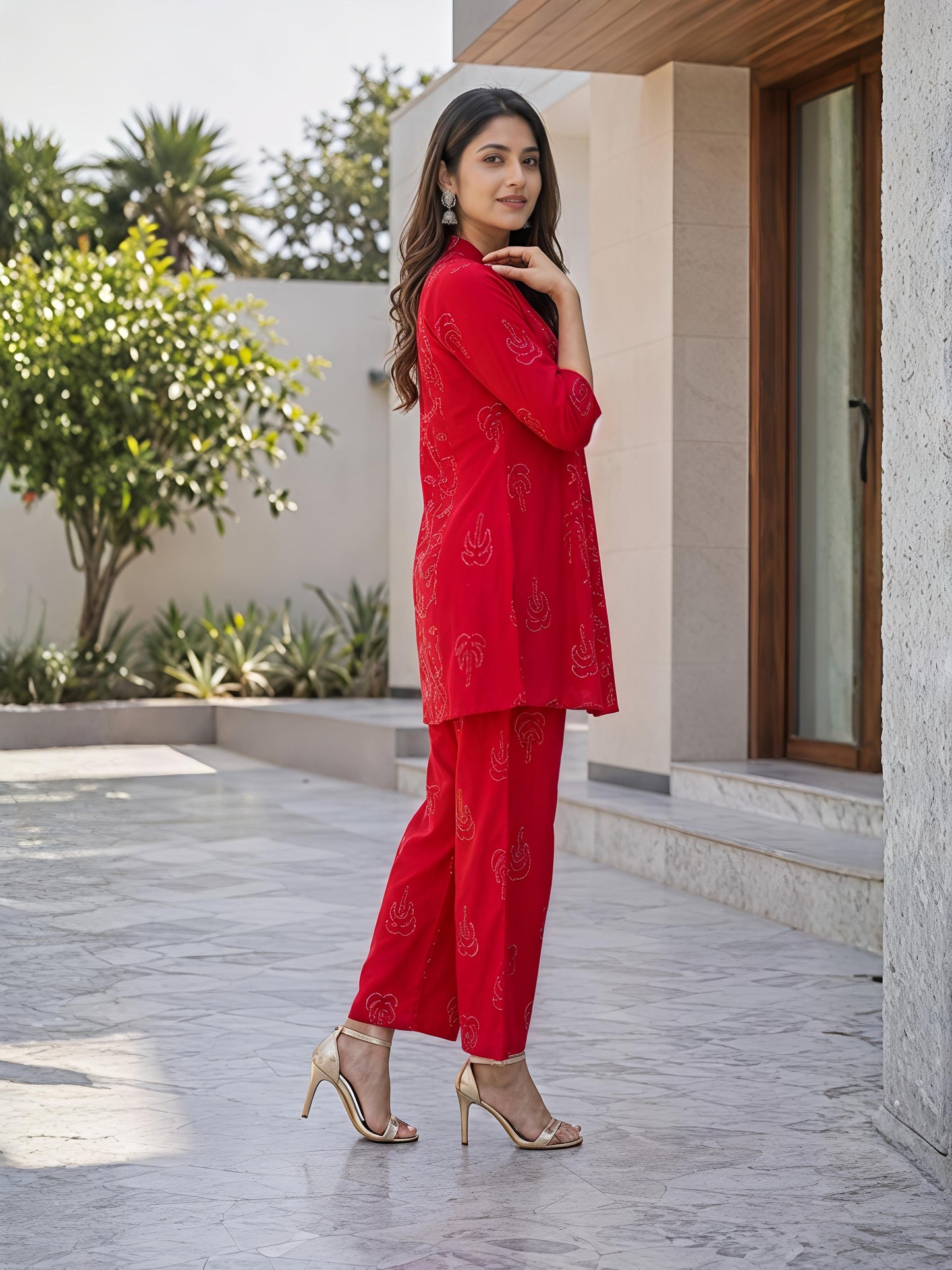 Red Floral Rayon Blend V-Neck Casual Stylish Co-Ord Set