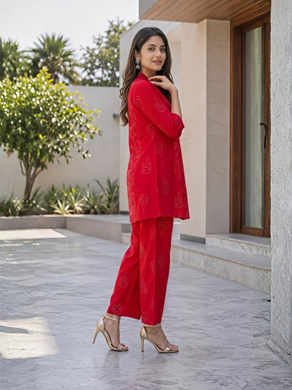 Red Floral Rayon Blend V-Neck Casual Stylish Co-Ord Set