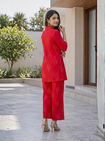 Red Floral Rayon Blend V-Neck Casual Stylish Co-Ord Set