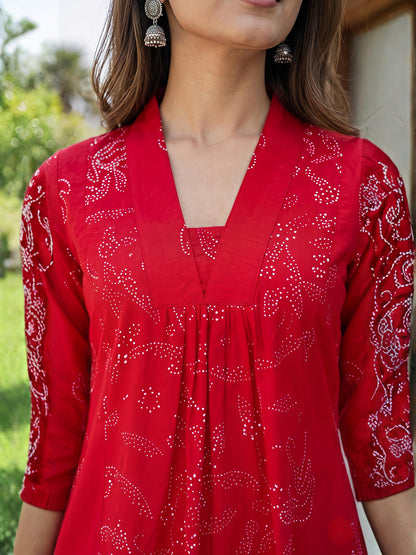 Red Floral Rayon Blend V-Neck Casual Stylish Co-Ord Set