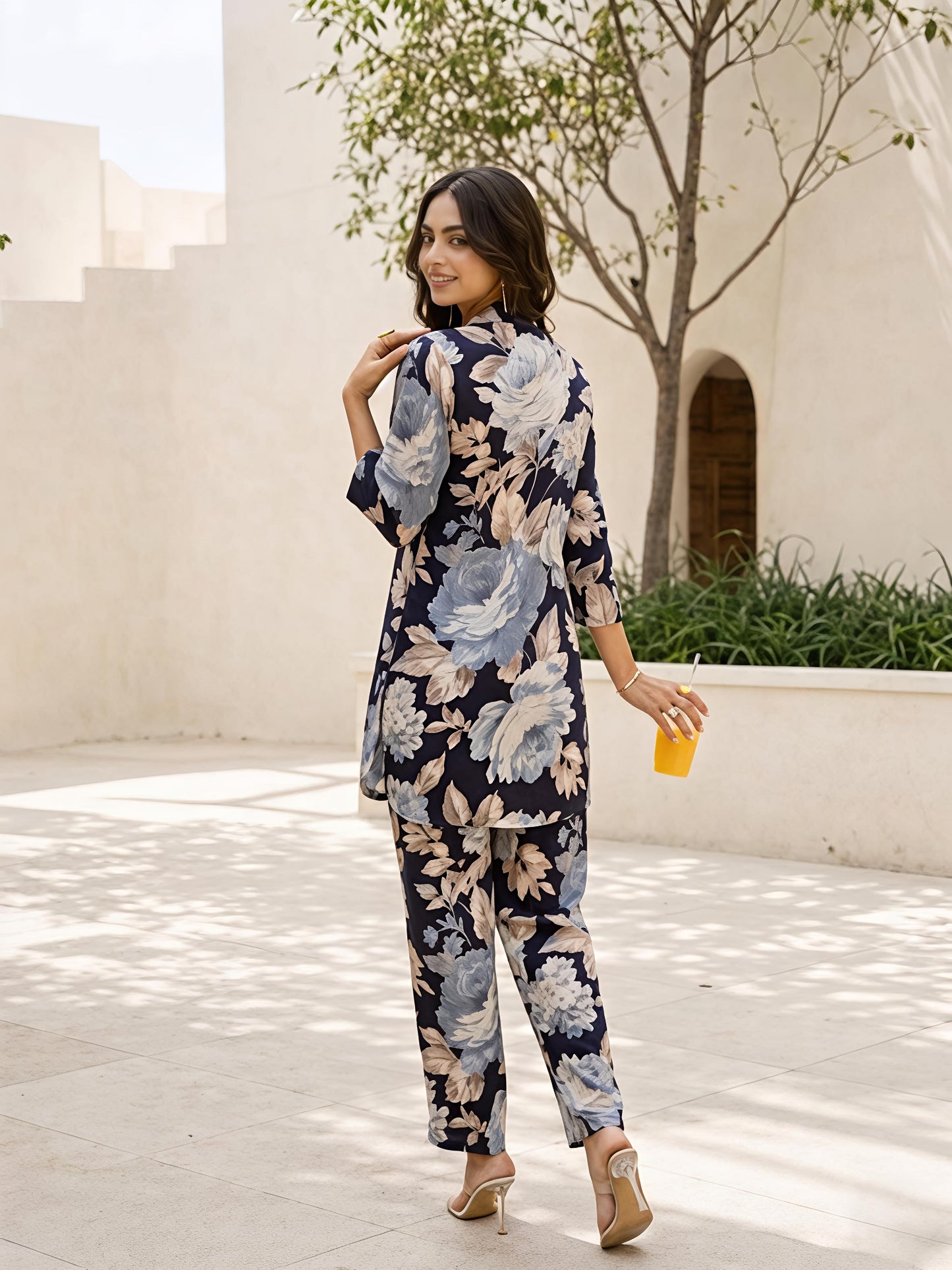 Black Floral Rayon Blend V-Neck Stylish Casual Co-Ord Set
