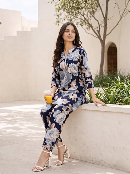 Black Floral Rayon Blend V-Neck Stylish Casual Co-Ord Set