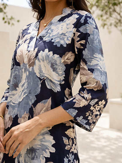 Black Floral Rayon Blend V-Neck Stylish Casual Co-Ord Set