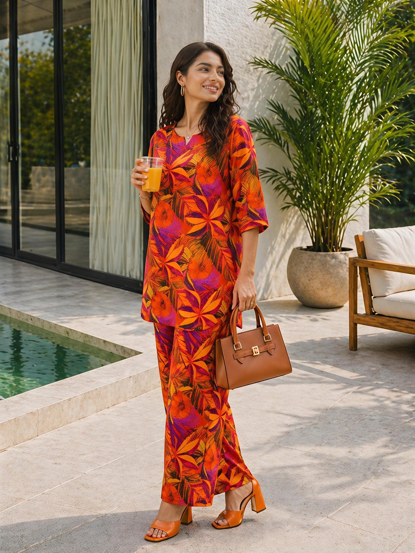 Orange Floral Rayon Blend V-Neck Stylish Casual Co-Ord Set