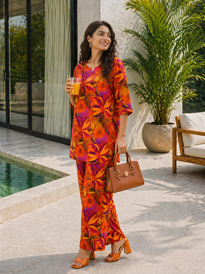Orange Floral Rayon Blend V-Neck Stylish Casual Co-Ord Set