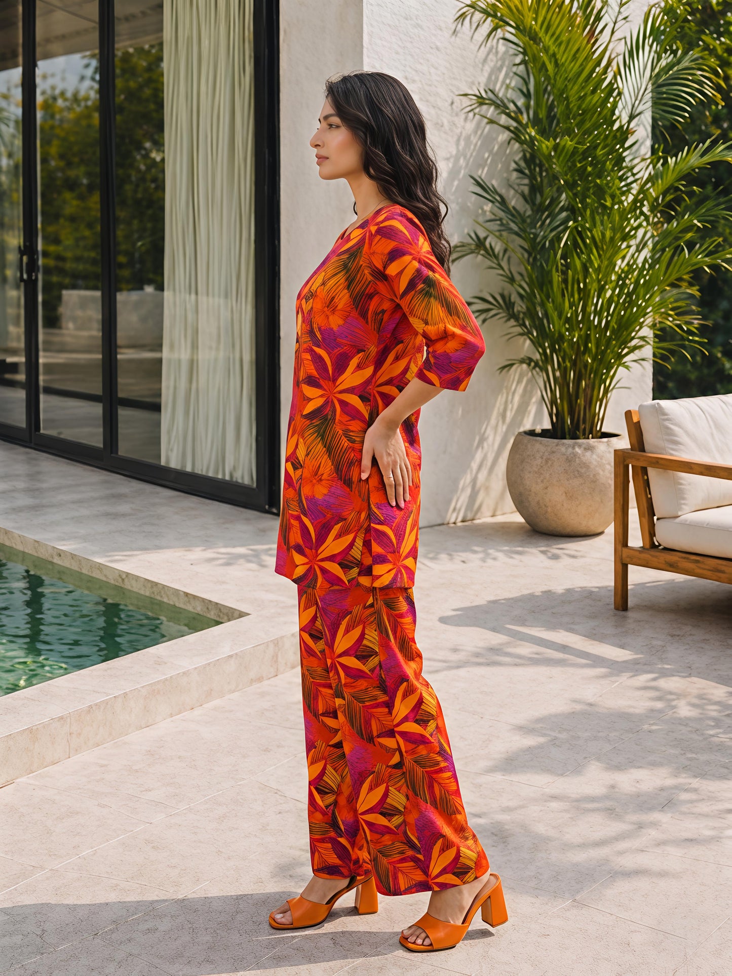 Orange Floral Rayon Blend V-Neck Stylish Casual Co-Ord Set