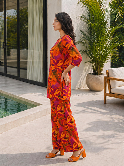 Orange Floral Rayon Blend V-Neck Stylish Casual Co-Ord Set