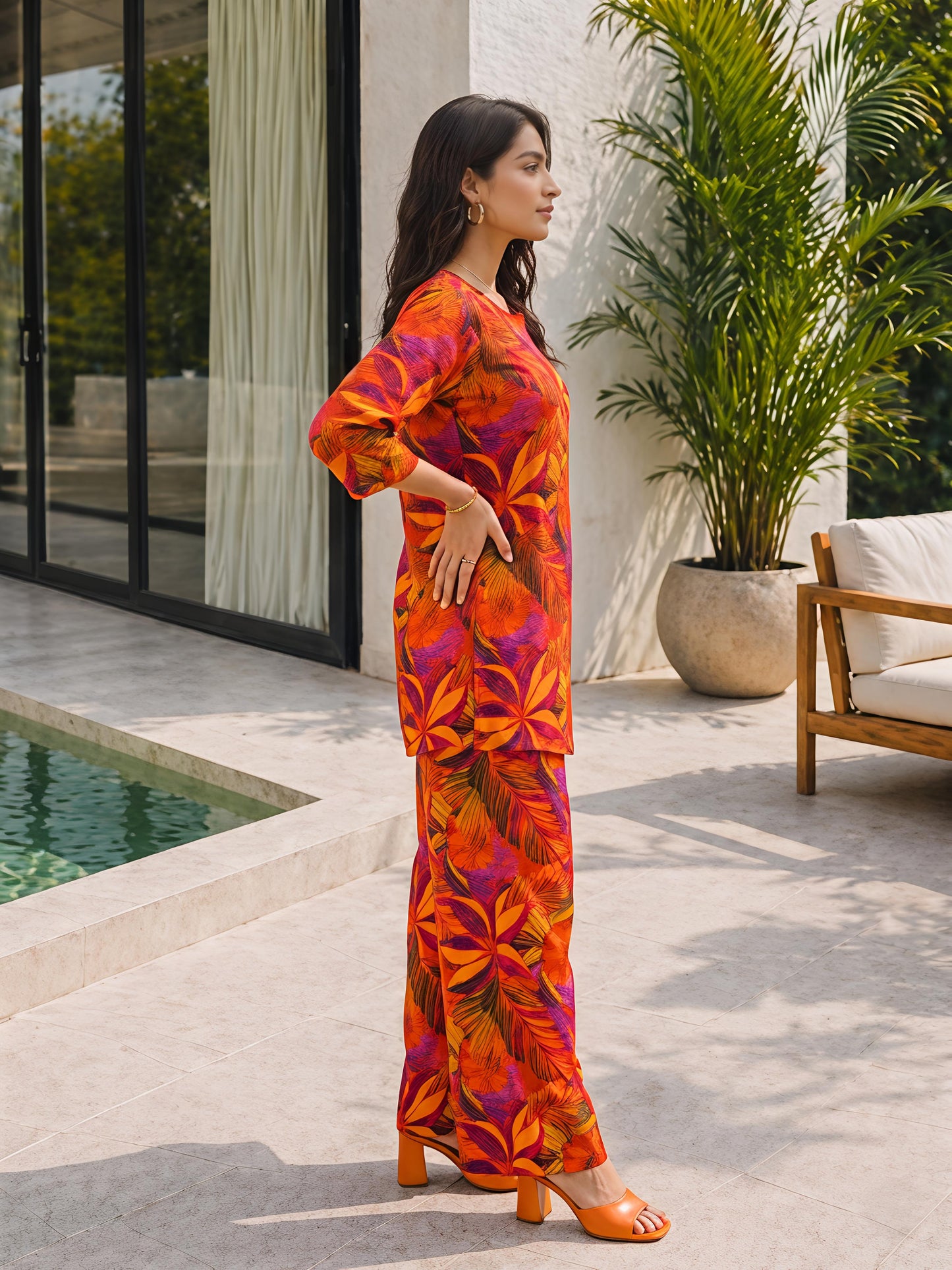 Orange Floral Rayon Blend V-Neck Stylish Casual Co-Ord Set