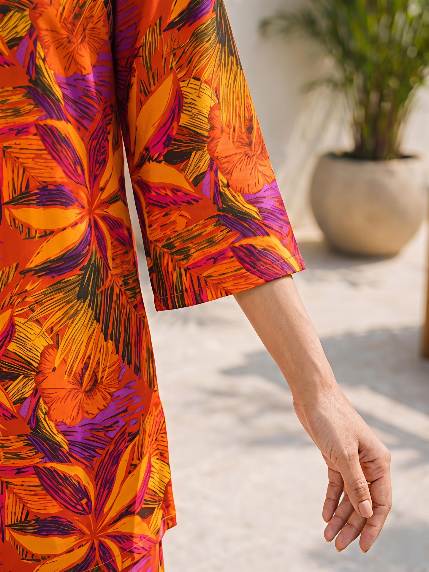 Orange Floral Rayon Blend V-Neck Stylish Casual Co-Ord Set