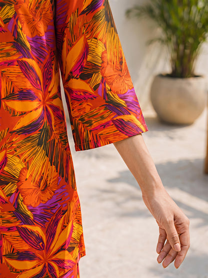 Orange Floral Rayon Blend V-Neck Stylish Casual Co-Ord Set