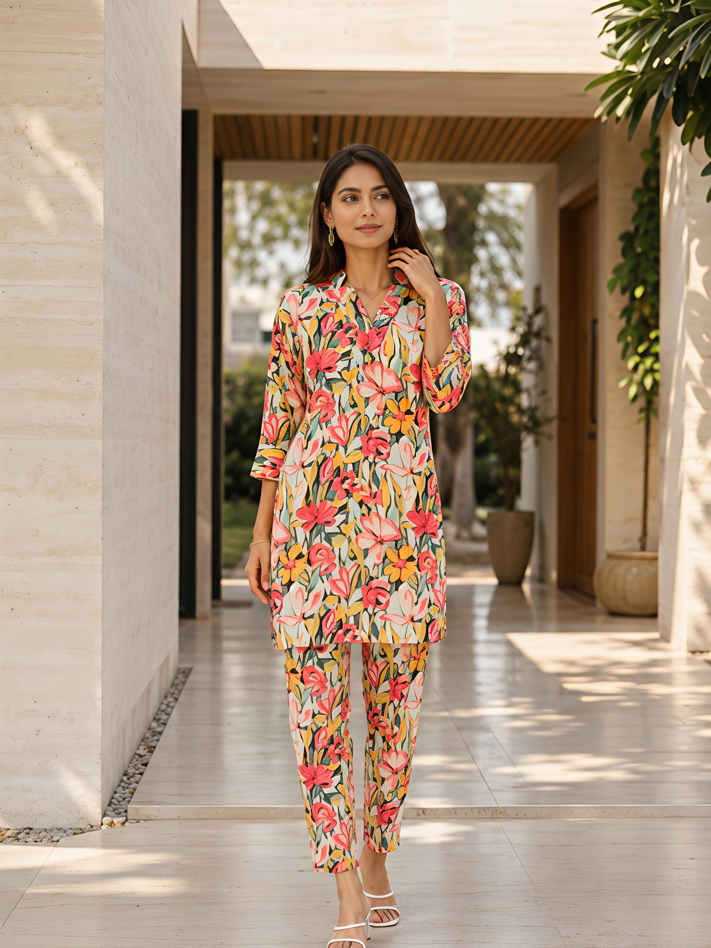 Multicolor Floral Rayon Blend V-Neck Stylish Casual Co-Ord Set
