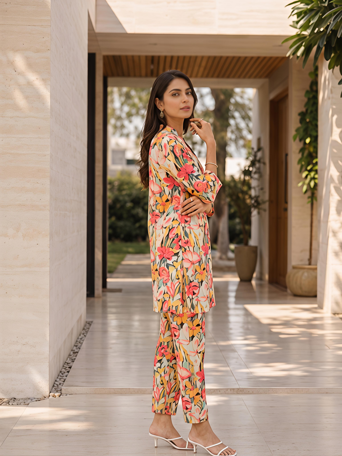 Multicolor Floral Rayon Blend V-Neck Stylish Casual Co-Ord Set