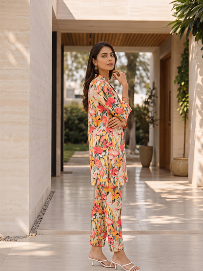 Multicolor Floral Rayon Blend V-Neck Stylish Casual Co-Ord Set