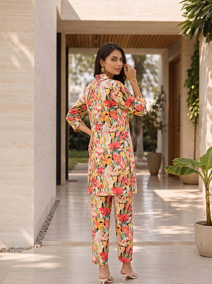 Multicolor Floral Rayon Blend V-Neck Stylish Casual Co-Ord Set
