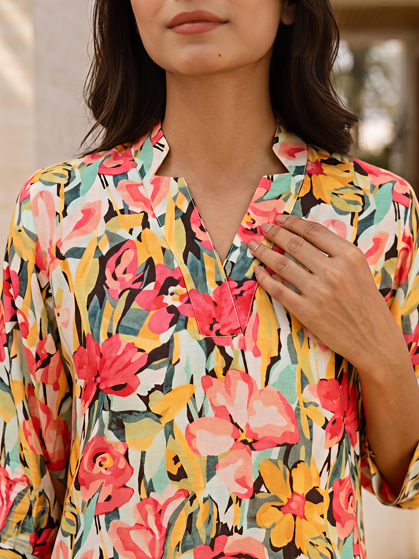 Multicolor Floral Rayon Blend V-Neck Stylish Casual Co-Ord Set