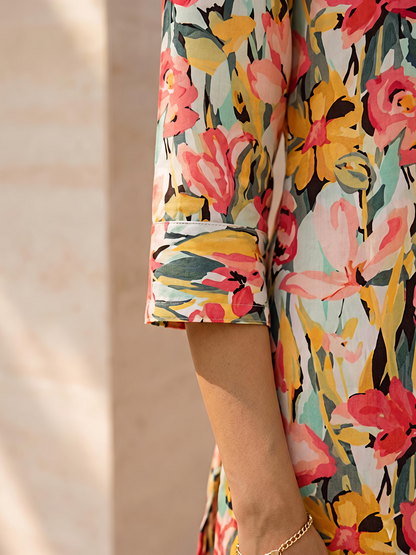 Multicolor Floral Rayon Blend V-Neck Stylish Casual Co-Ord Set