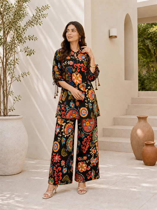 Black Floral Rayon Blend Puff Sleeve Mandarin Co-Ord Set