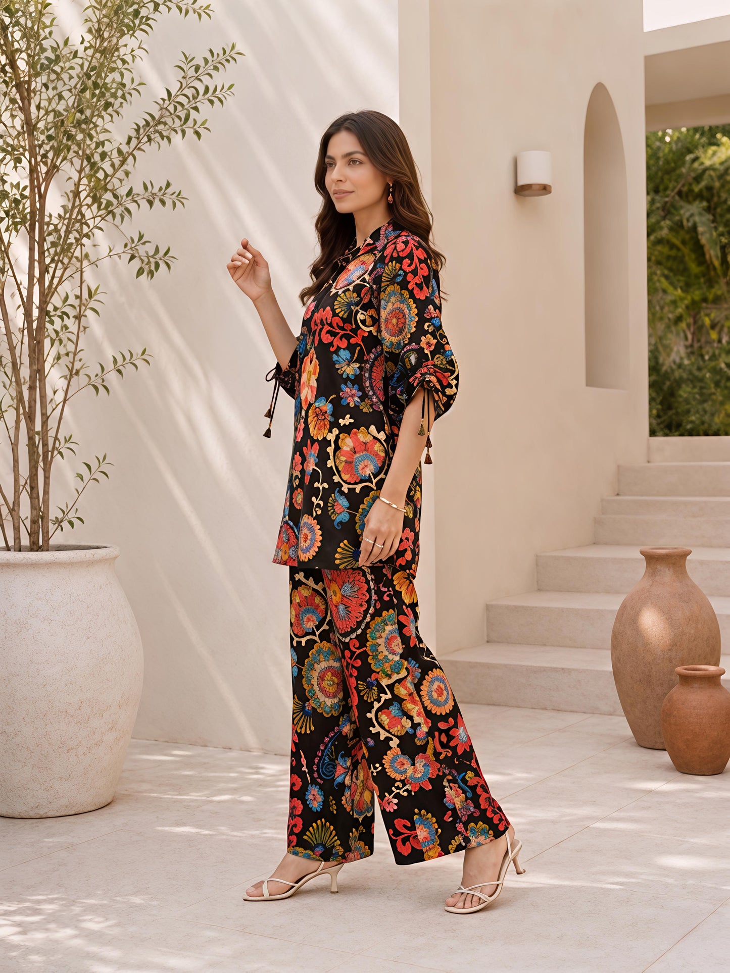 Black Floral Rayon Blend Puff Sleeve Mandarin Co-Ord Set
