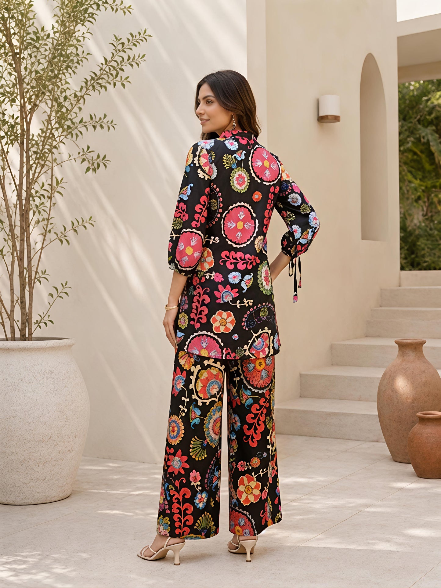 Black Floral Rayon Blend Puff Sleeve Mandarin Co-Ord Set