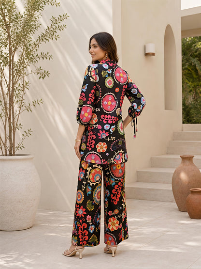 Black Floral Rayon Blend Puff Sleeve Mandarin Co-Ord Set