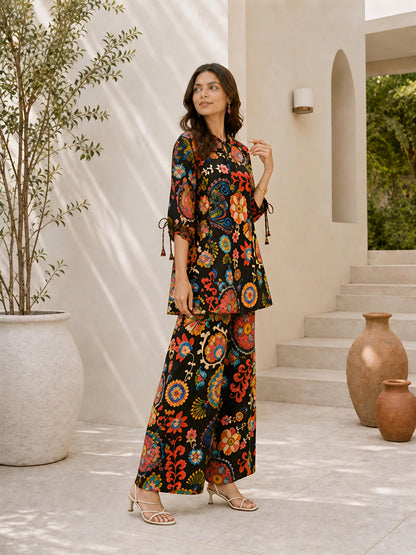 Black Floral Rayon Blend Puff Sleeve Mandarin Co-Ord Set