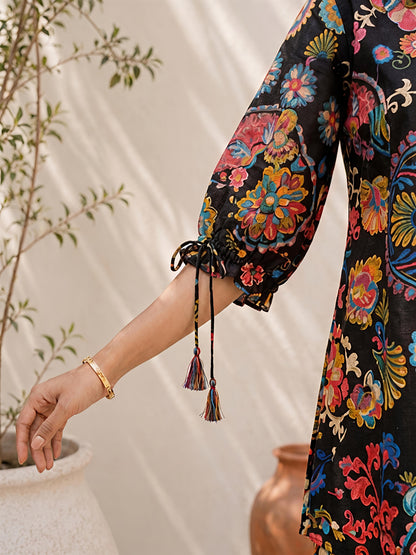 Black Floral Rayon Blend Puff Sleeve Mandarin Co-Ord Set