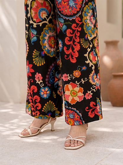 Black Floral Rayon Blend Puff Sleeve Mandarin Co-Ord Set