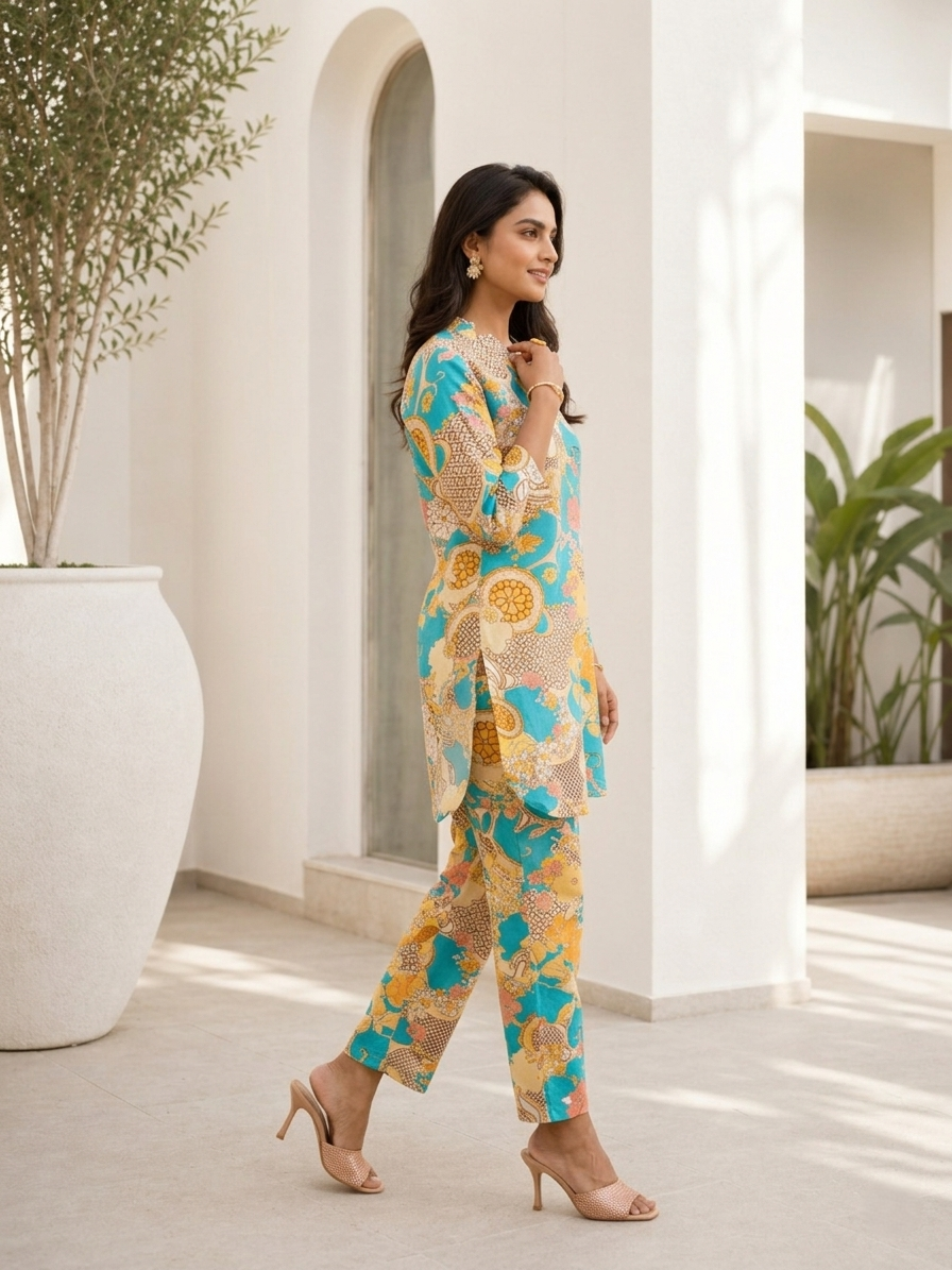 Sky Floral Rayon Blend V-Neck Casual Stylish Co-Ord Set