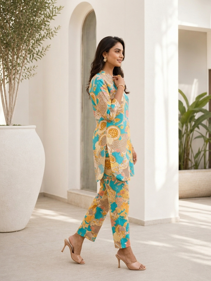 Sky Floral Rayon Blend V-Neck Casual Stylish Co-Ord Set