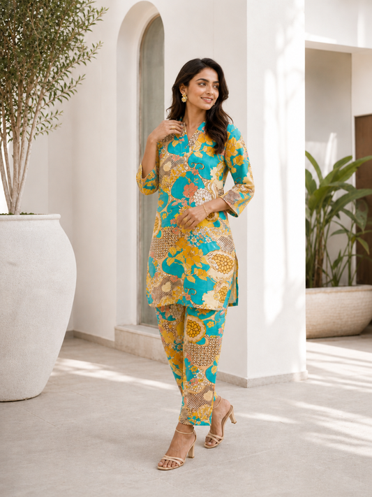 Sky Floral Rayon Blend V-Neck Casual Stylish Co-Ord Set